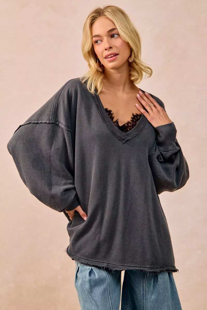 BiBi Mineral Washed French Terry Oversized Sweatshirt - Trendsi - Flyclothing LLC