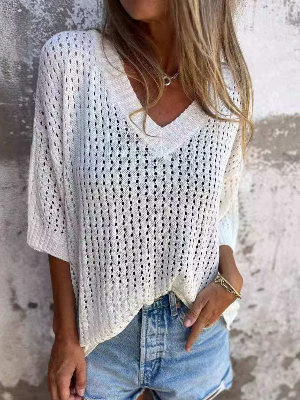 Full Size Openwork V-Neck Knit Cover Up Plus Size - Trendsi - Flyclothing LLC