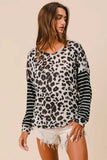 BiBi Leopard Hacci Knit Twist Back Top With Stripe Sleeve - Trendsi - Flyclothing LLC