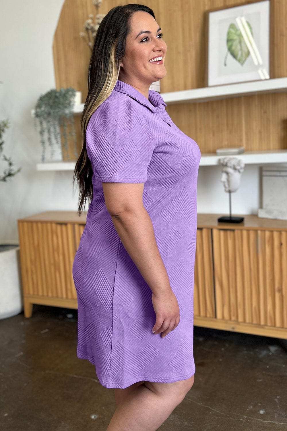 Double Take Full Size Texture Collared Neck Short Sleeve Dress - Trendsi - Flyclothing LLC