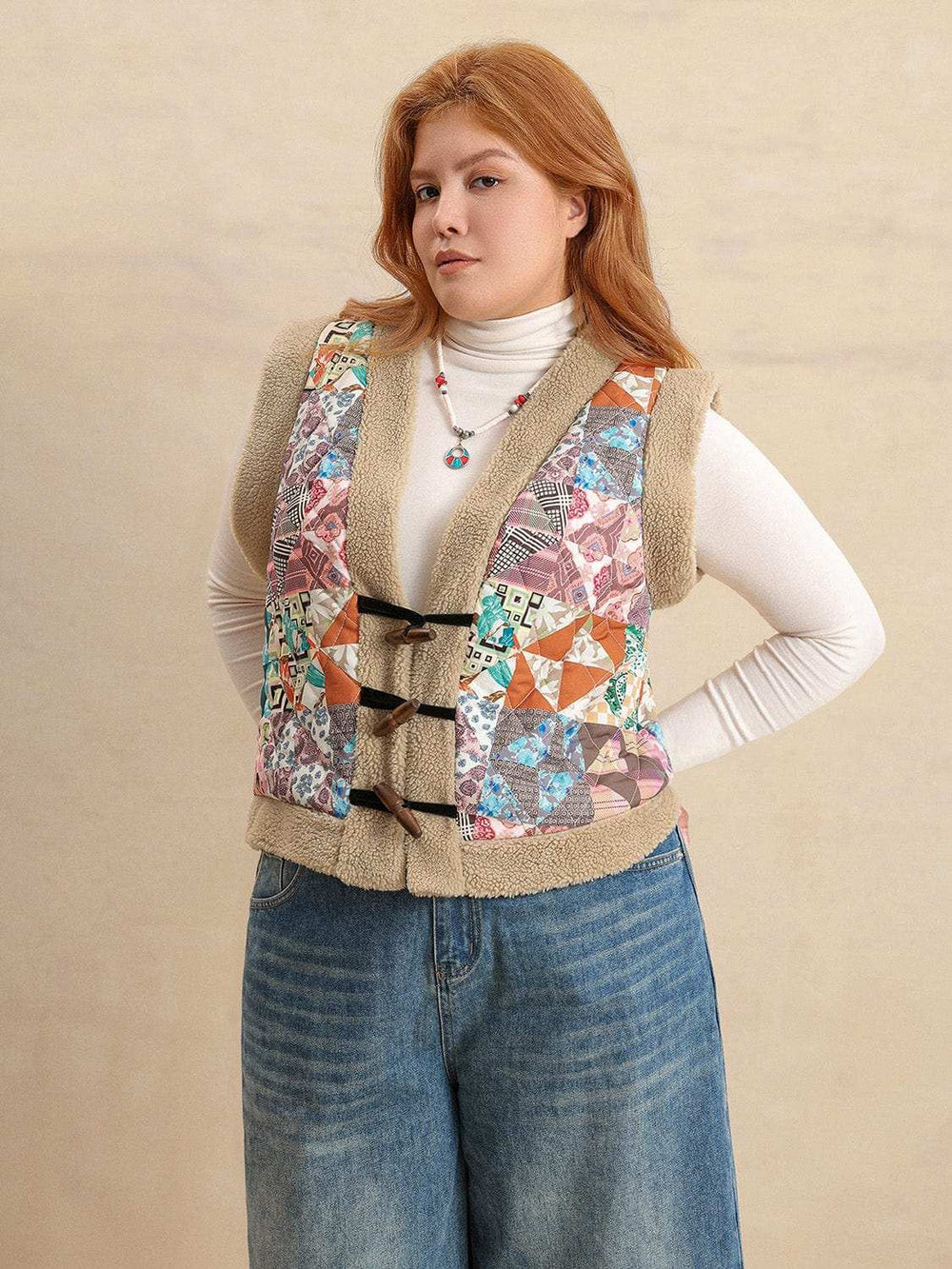 Plus Size Printed Sherpa Vest Coat - Trendsi - Flyclothing LLC