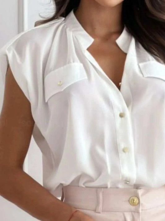 Cap Sleeve Button Down Shirt - Trendsi - Flyclothing LLC