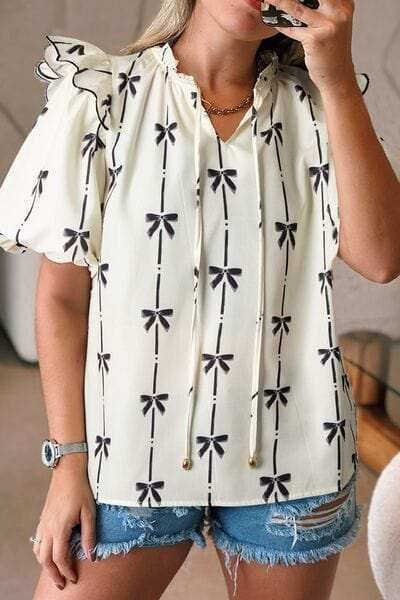 Bow Print Tie Neck Short Sleeve Blouse - Trendsi - Flyclothing LLC