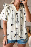 Bow Print Tie Neck Short Sleeve Blouse - Trendsi - Flyclothing LLC