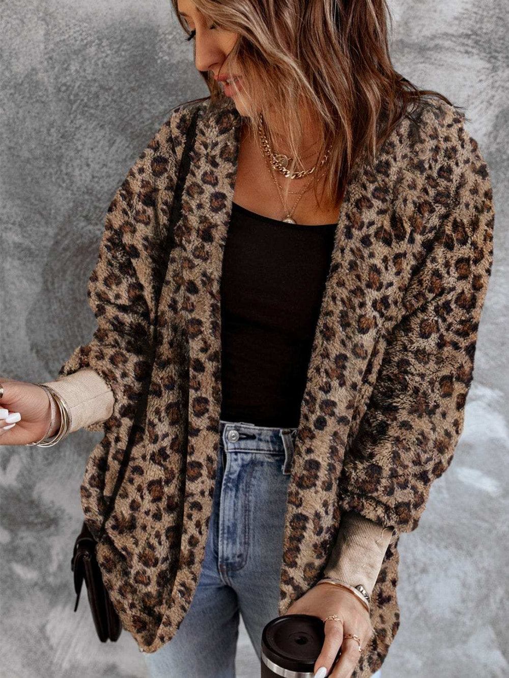 Fuzzy Leopard Long Sleeve Hooded Jacket - Trendsi - Flyclothing LLC