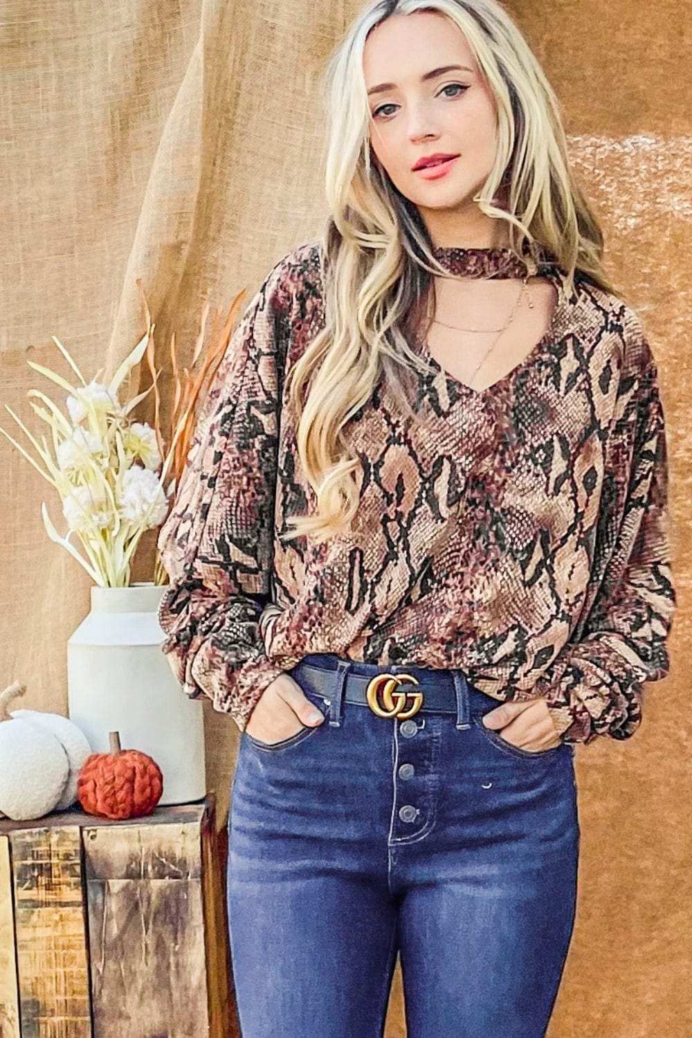 And The Why Choker Neck Dolman Sleeve Snake Print Top - Trendsi - Flyclothing LLC