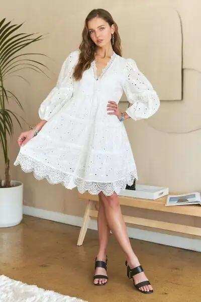 ADORA Lace Detail Tiered Eyelet V-Neck Babydoll Dress - Trendsi - Flyclothing LLC