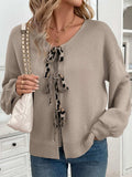 Perfee Tied Contrast Heart V-Neck Long Sleeve Cardigan - Trendsi - Flyclothing LLC