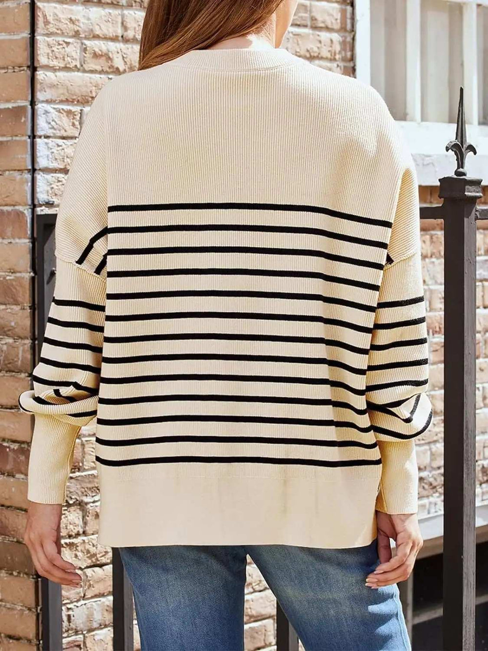 Striped Round Neck Long Sleeve Sweatshirt - Trendsi - Flyclothing LLC