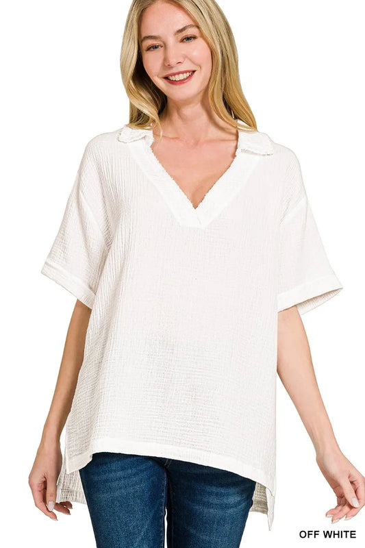 Zenana Double Gauze Short Sleeve High-Low Top - Trendsi - Flyclothing LLC