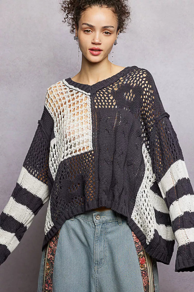 POL Color-Blocked Stripe Pattern Knit Top with Twisted Weave - Trendsi - Flyclothing LLC
