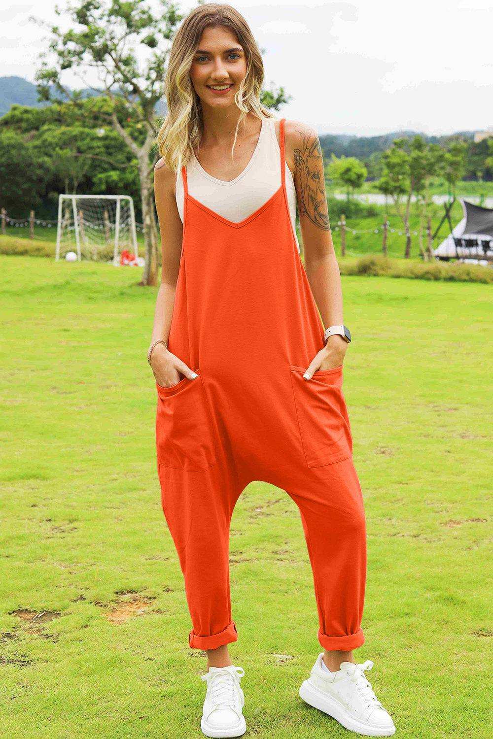 Double Take Full Size Sleeveless V-Neck Pocketed Jumpsuit - Trendsi - Flyclothing LLC