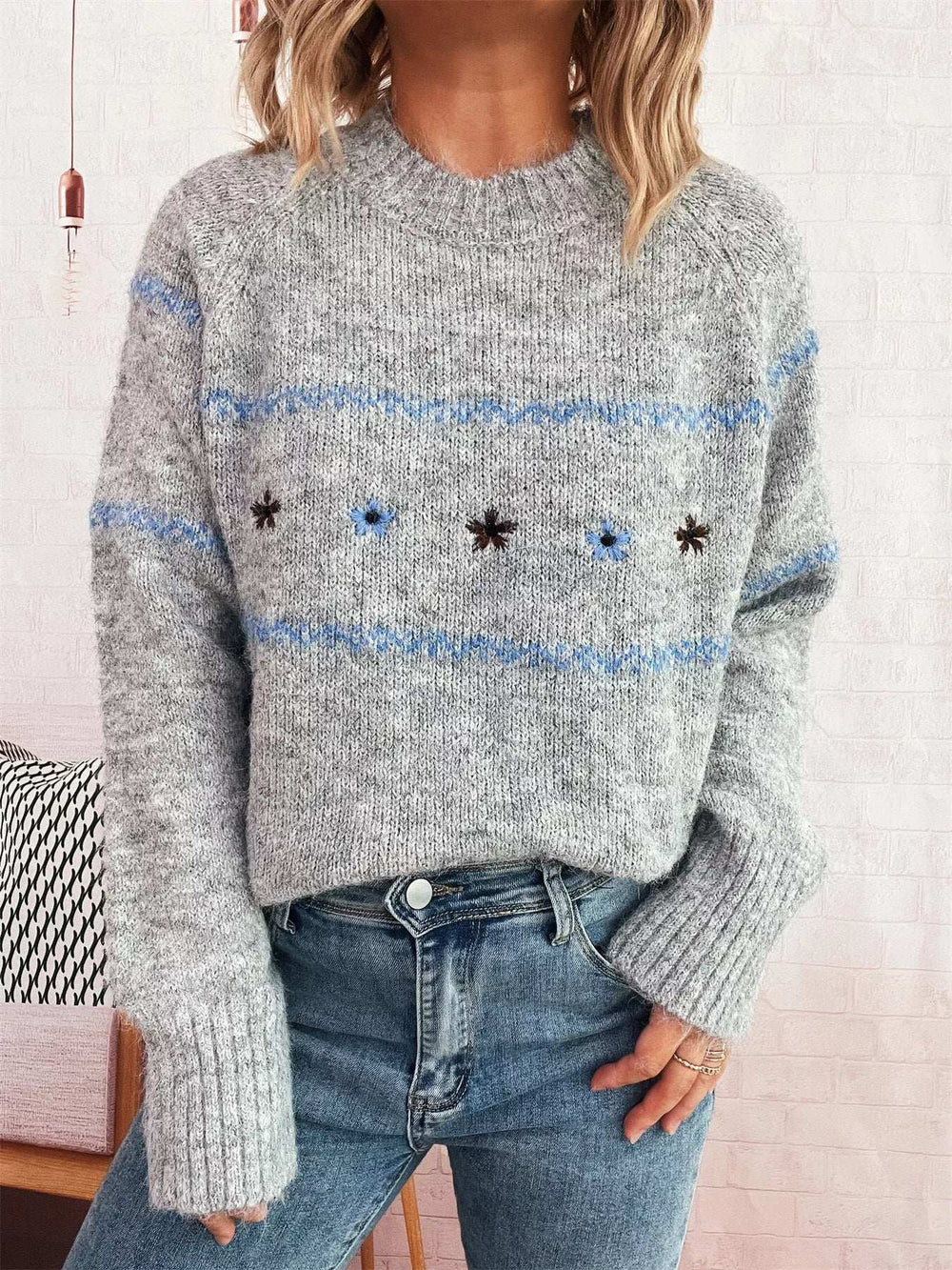 Ribbed Hem Flower Long Sleeve Sweater - Trendsi - Flyclothing LLC