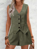 V-Neck Button Down Vest and Shorts Set - Trendsi - Flyclothing LLC