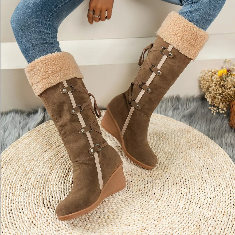 Round Toe Wedge Boots - Trendsi - Flyclothing LLC