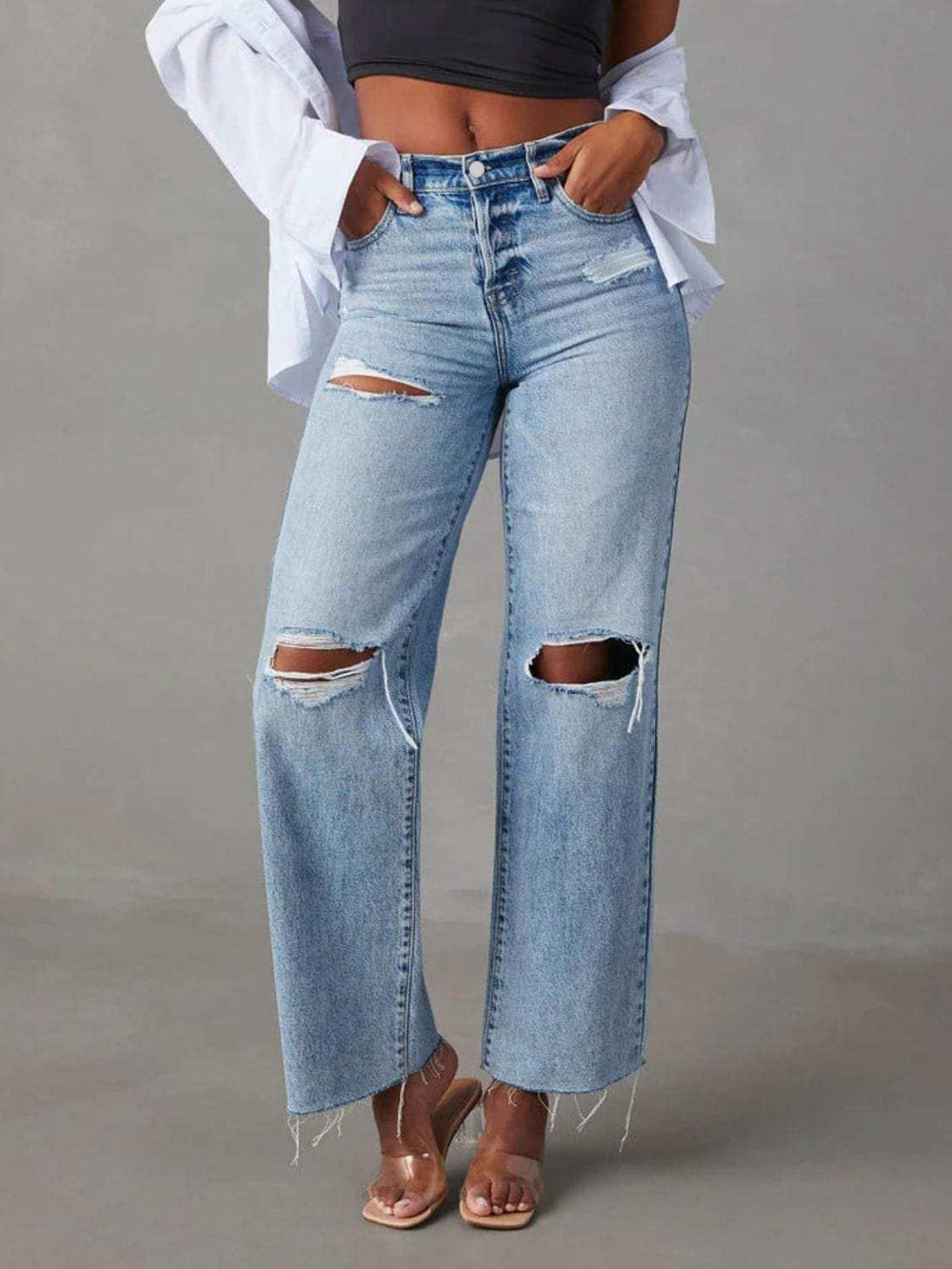 Distressed Straight Leg Jeans with Pockets - Trendsi - Flyclothing LLC