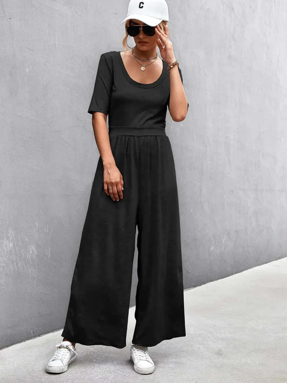 Scoop Neck Short Sleeve Jumpsuit - Trendsi - Flyclothing LLC