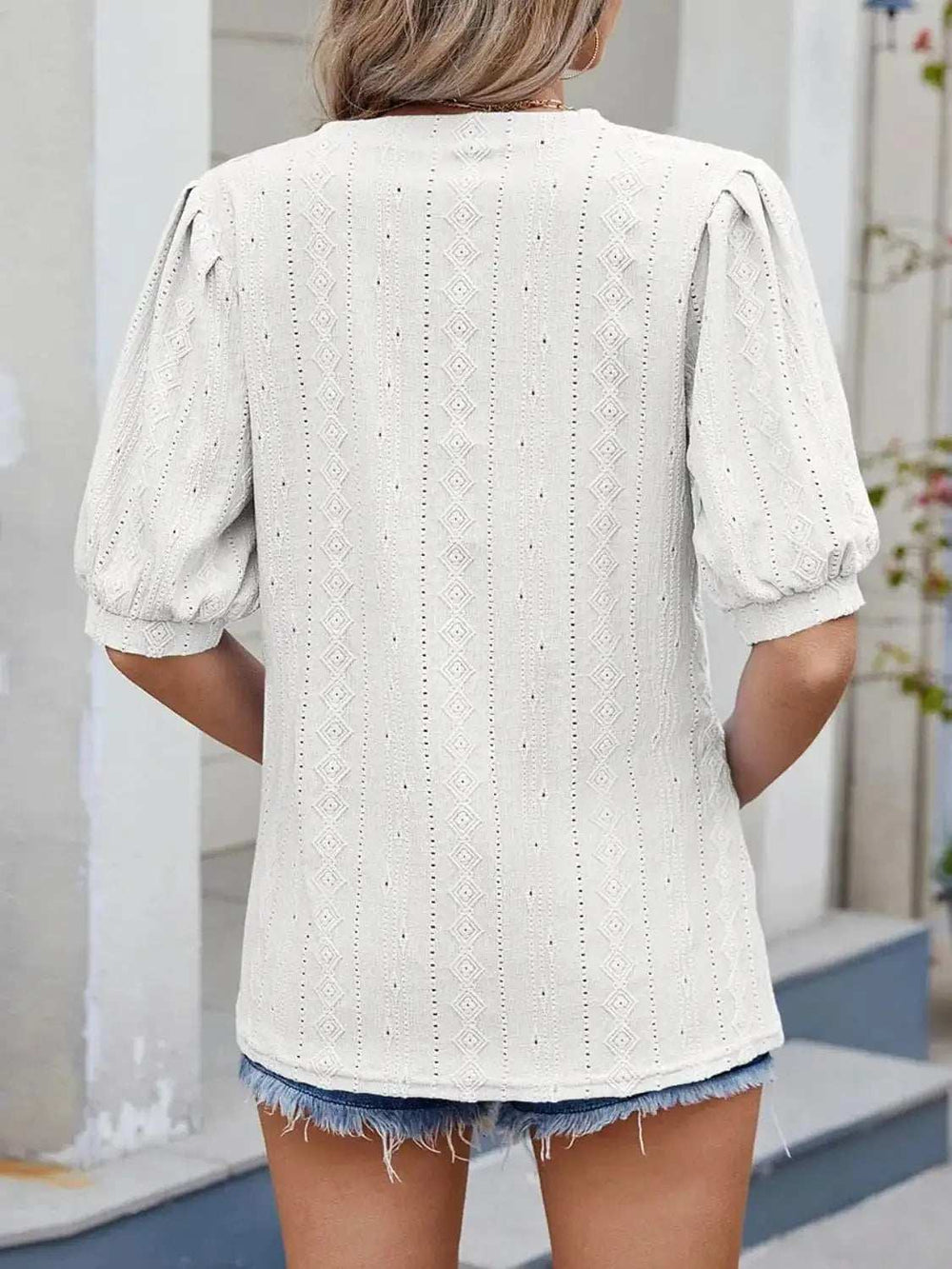Puff Sleeve V-Neck Eyelet Lace T-Shirt - Trendsi - Flyclothing LLC