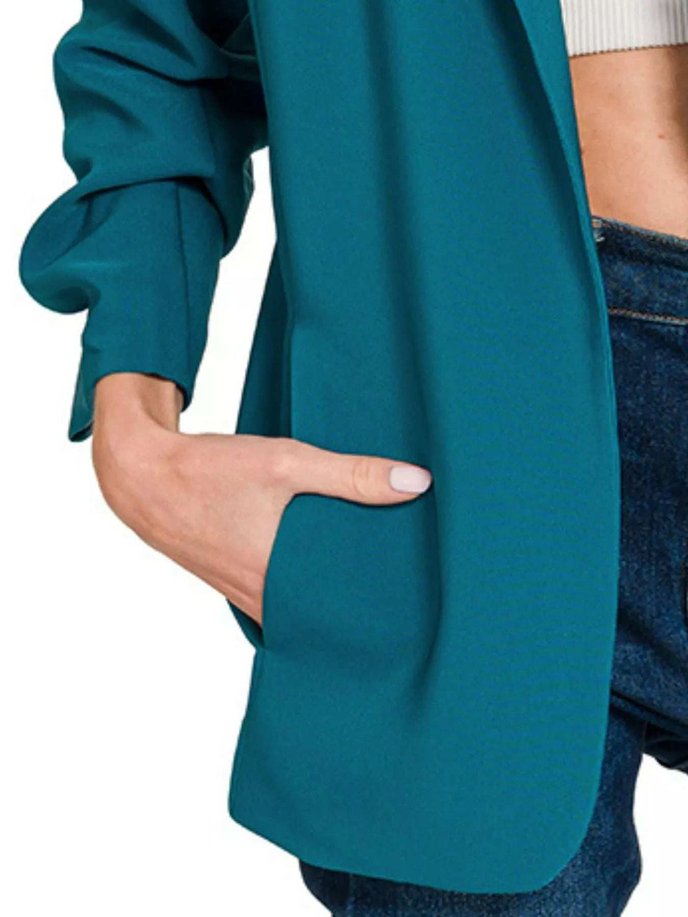 Zenana Woven 3/4 Ruched Sleeve Open Front Classic Blazer - Trendsi - Flyclothing LLC