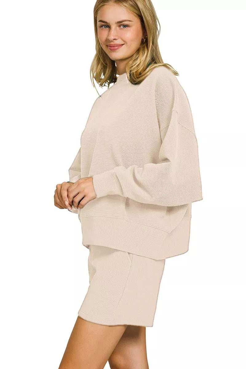 Zenana Ribbed Round Neck Pullover and Shorts Set - Trendsi - Flyclothing LLC