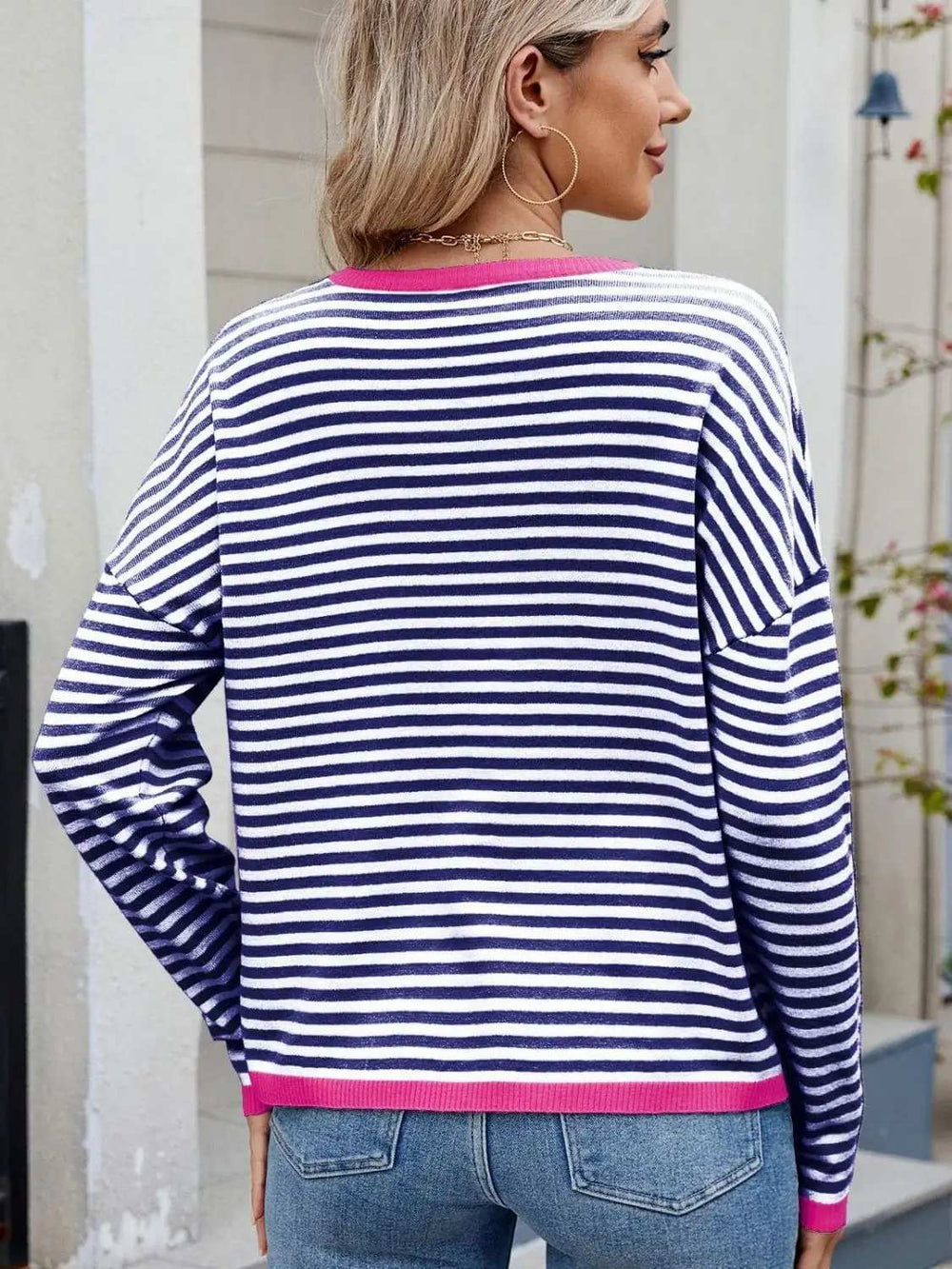 Striped Contrast Round Neck Long Sleeve Sweater - Trendsi - Flyclothing LLC