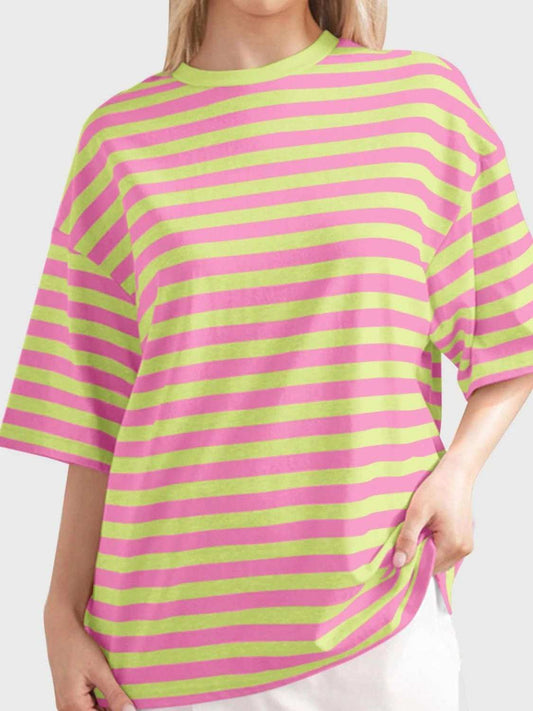 Striped Round Neck Half Sleeve T-Shirt - Trendsi - Flyclothing LLC