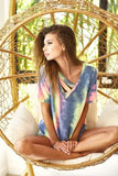BiBi Tie Dye Terry V Neck Top With Double Strap - Trendsi - Flyclothing LLC