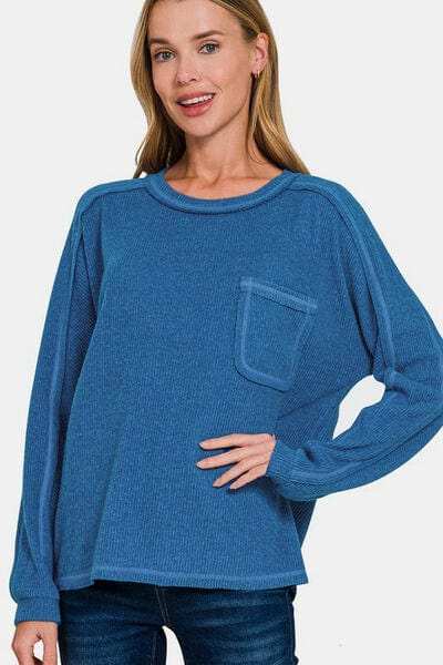 Zenana Full Size Contrast Stitching Brushed Ribbed Hacci Knit Top Plus Size - Trendsi - Flyclothing LLC