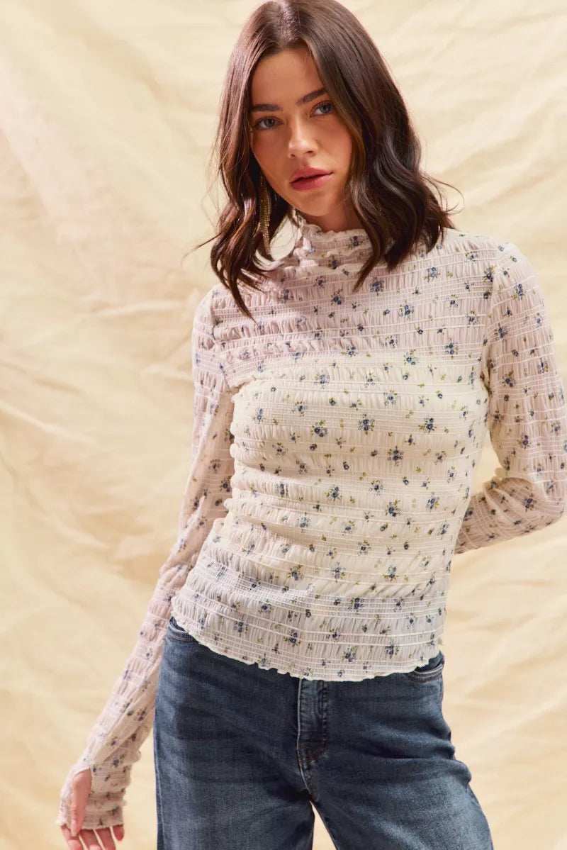 SO ME Floral Print Textured Long Sleeve Knit Top - Trendsi - Flyclothing LLC
