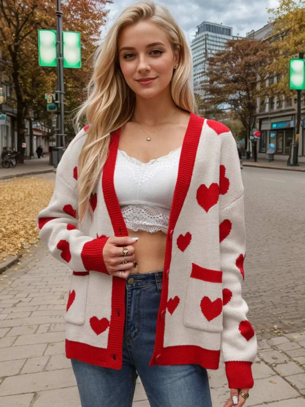 Heart Button Up Dropped Shoulder Long Sleeve Cardigan - Trendsi - Flyclothing LLC