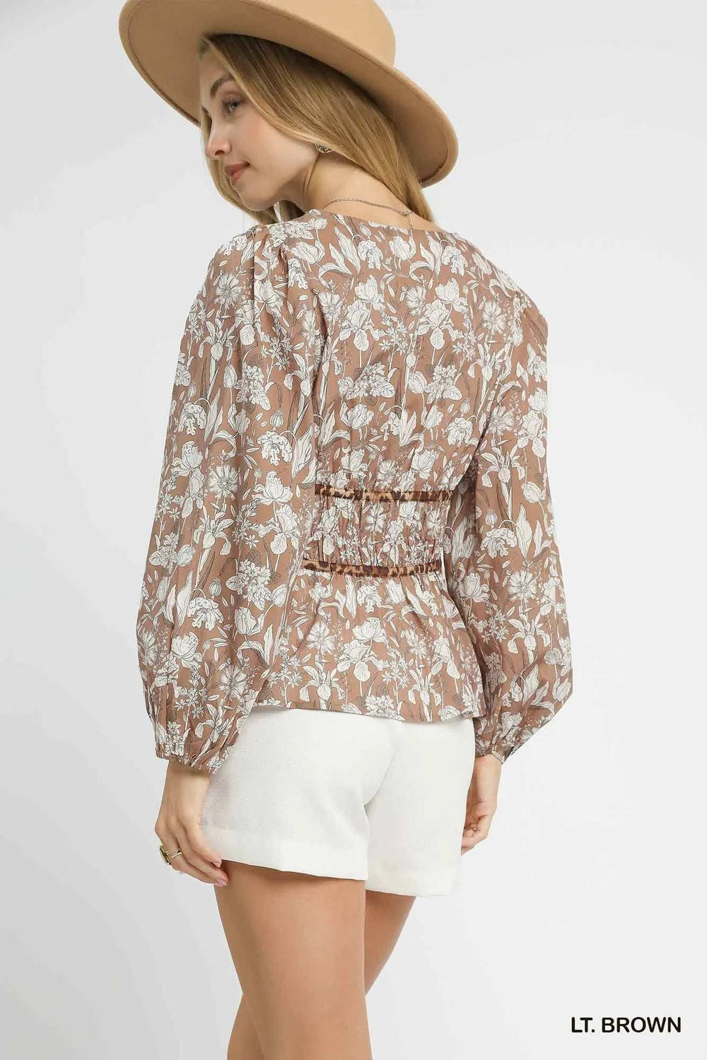 Umgee Floral Smocked Peplum Blouse with Tie Detail - Trendsi - Flyclothing LLC