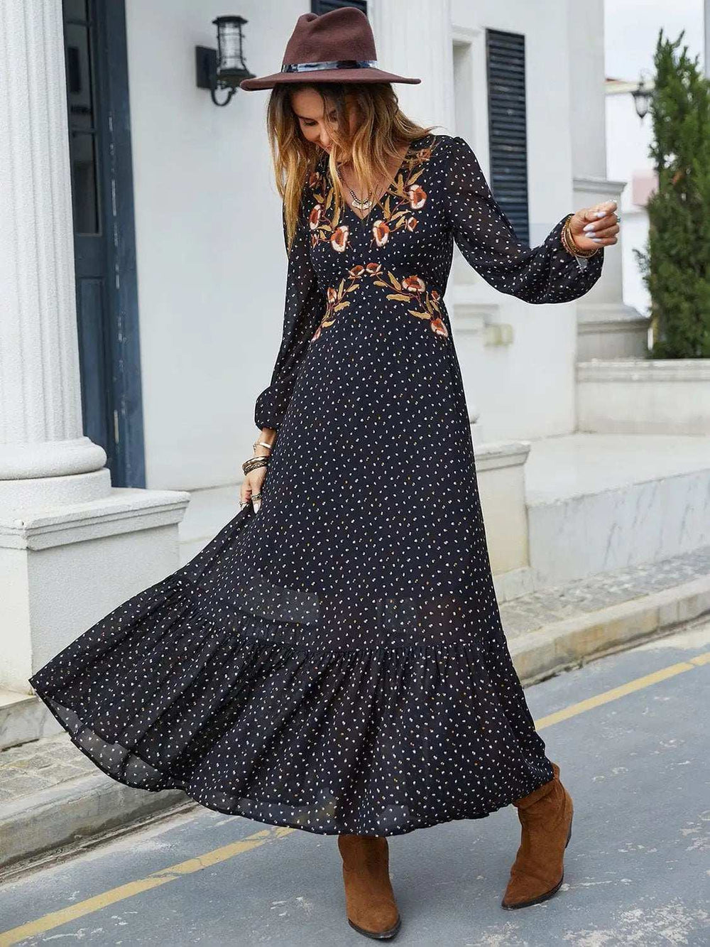 Embroidered V-Neck Long Sleeve Dress - Trendsi - Flyclothing LLC