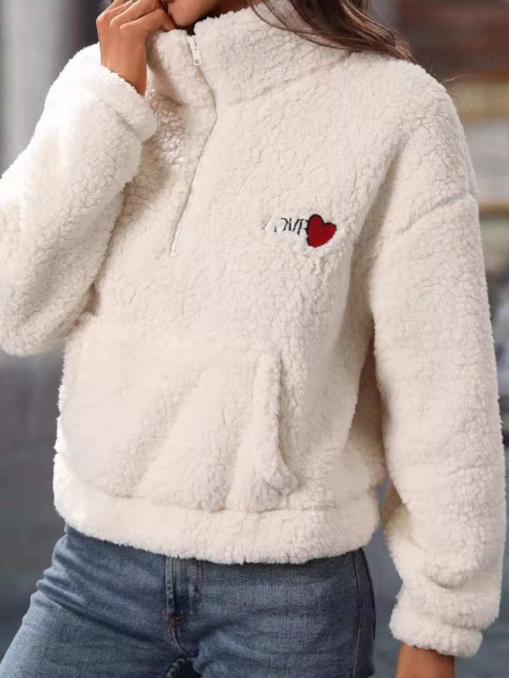 Heart Half Zip Long Sleeve Teddy Sweatshirt - Trendsi - Flyclothing LLC
