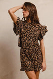 BiBi Leopard Print Waffle Texture Layered Ruffle Sleeve Top and Shorts Set - Trendsi - Flyclothing LLC