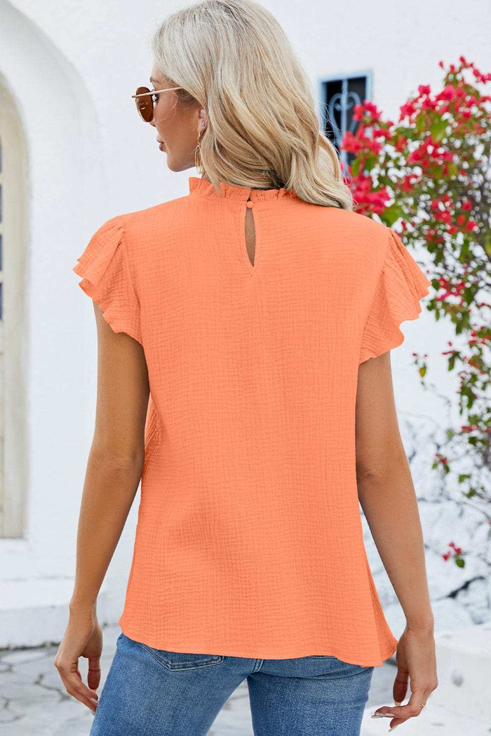 Ruffled Round Neck Cap Sleeve Blouse - Trendsi - Flyclothing LLC