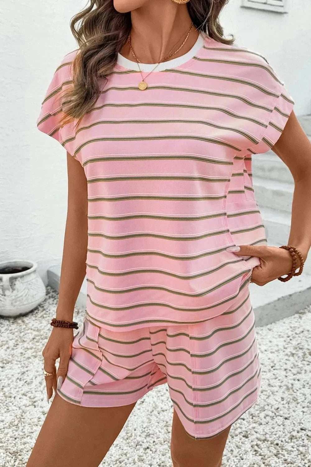 Stripe Wide Short Sleeve Tee and Short Set - Trendsi - Flyclothing LLC