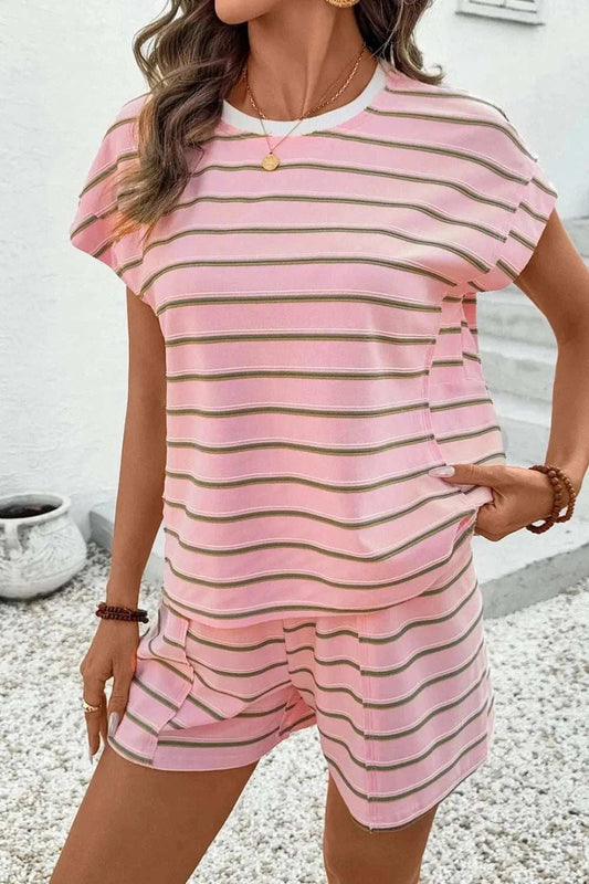 Stripe Wide Short Sleeve Tee and Short Set - Trendsi - Flyclothing LLC