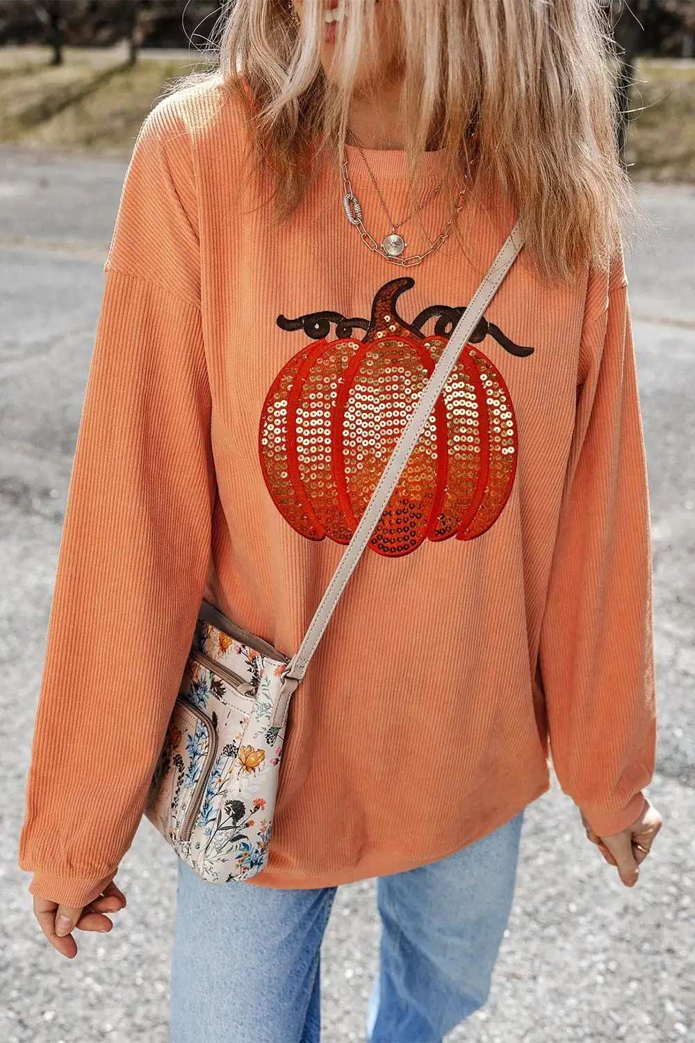 Sequin Pumpkin Round Neck Long Sleeve Sweatshirt - Trendsi - Flyclothing LLC