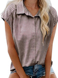 Plaid Button Up Cap Sleeve Shirt - Trendsi - Flyclothing LLC