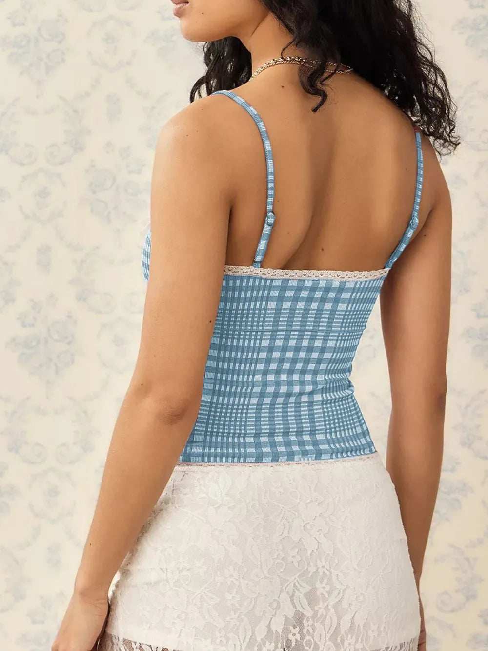 Lace Detail Plaid Square Neck Cami - Trendsi - Flyclothing LLC