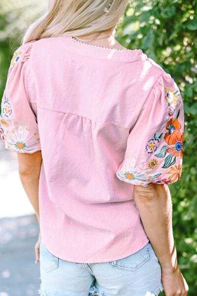 Floral Embroidered Puff Sleeve Blouse - Trendsi - Flyclothing LLC