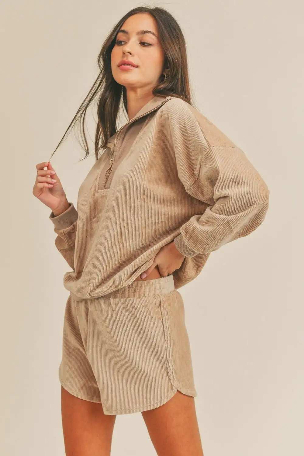 MABLE Corduroy Half Zip Top and Shorts Set - Trendsi - Flyclothing LLC