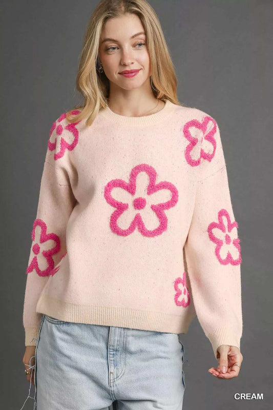 Umgee Round Neck Sweater with Pink Floral Accents - Trendsi - Flyclothing LLC