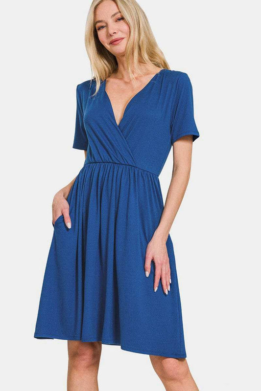 Zenana Surplice Short Sleeve Brushed DTY Dress - Trendsi - Flyclothing LLC