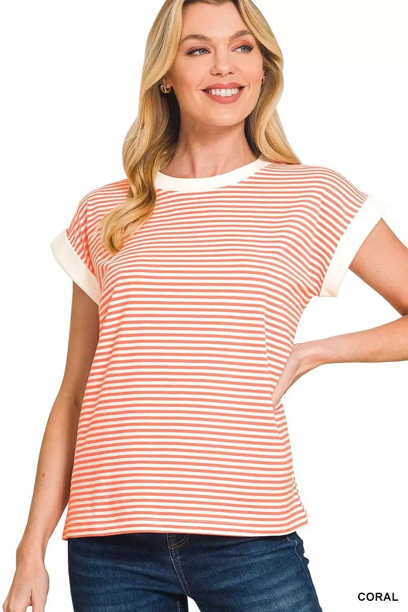 Zenana Striped Round Neck Short Sleeve Contrast Trim T-Shirt - Trendsi - Flyclothing LLC