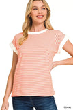 Zenana Striped Round Neck Short Sleeve Contrast Trim T-Shirt - Trendsi - Flyclothing LLC