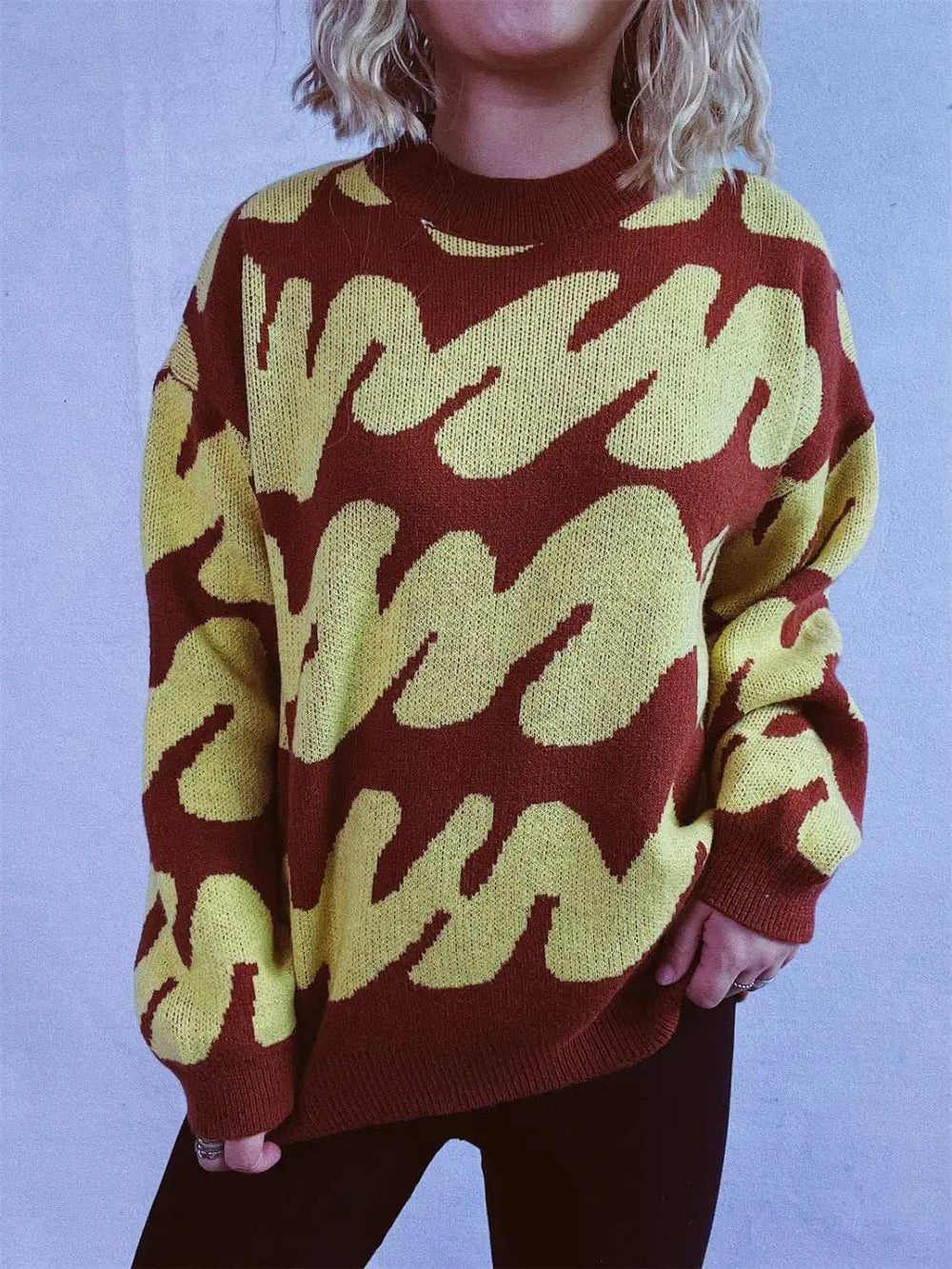 Contrast Round Neck Long Sleeve Sweater - Trendsi - Flyclothing LLC