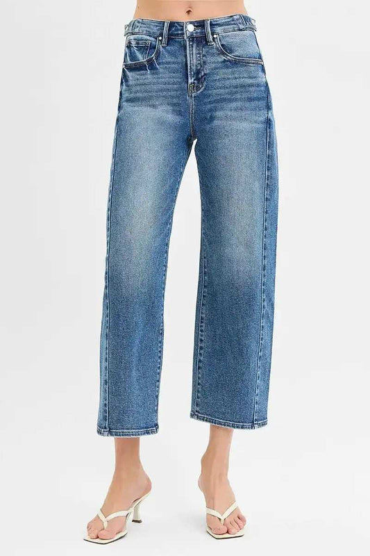 RISEN High Rise Crop Length Barrel Adjustable Waist Band Jeans - Trendsi - Flyclothing LLC