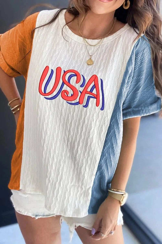 USA Embroidered Cable Textured Knit Cuffed Sleeve Color Block Tee - Trendsi - Flyclothing LLC