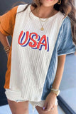 USA Embroidered Cable Textured Knit Cuffed Sleeve Color Block Tee - Trendsi - Flyclothing LLC